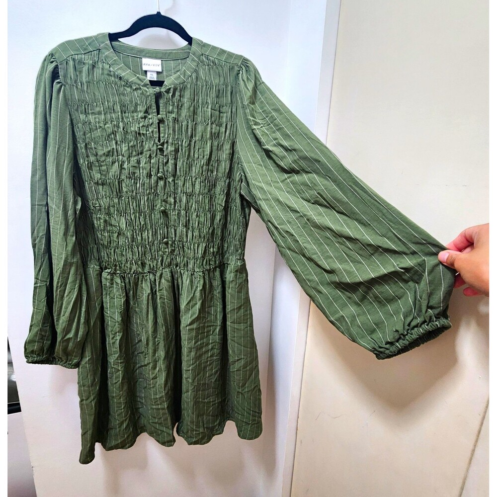 Ava & Viv smocked dress Balloon sleeves green striped balloon sleeves Plus XXL